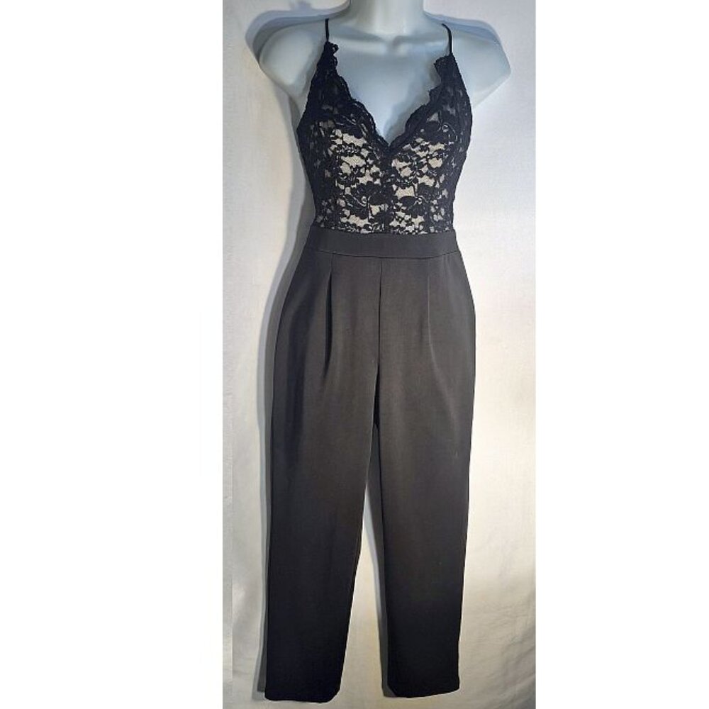 EXPRESS sleeveless Pantsuit, Black with lace and dress pant bottom, size XS tall - Picture 8 of 16